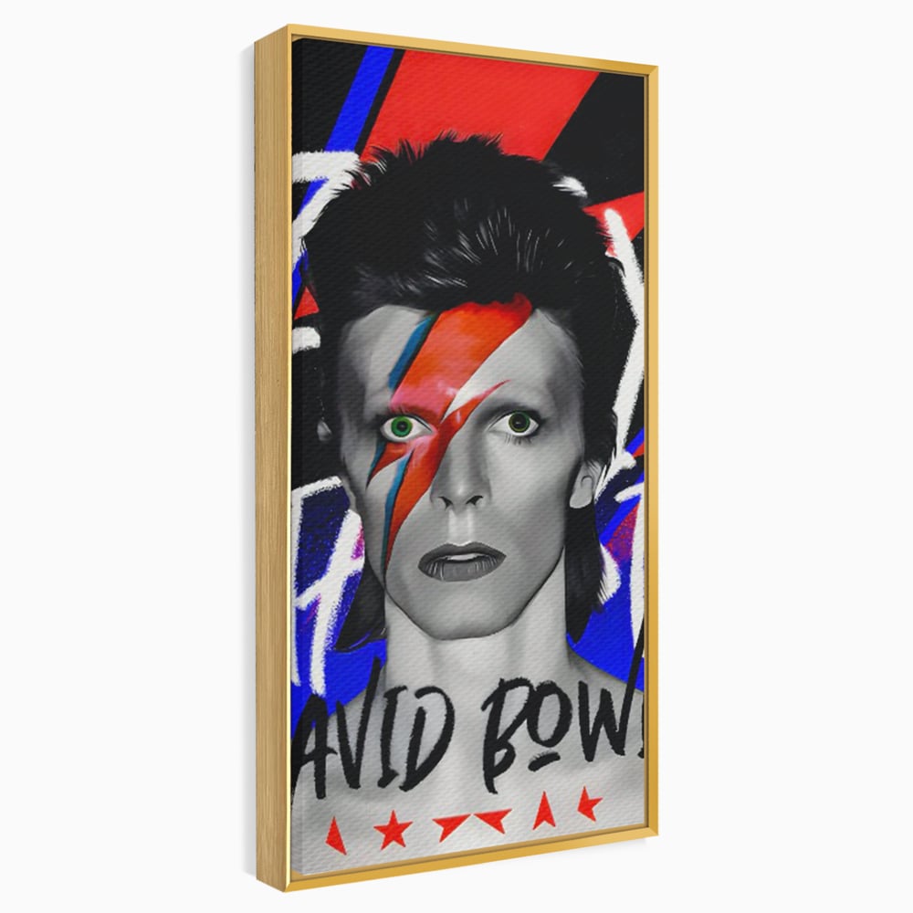 Tablou canvas cu tablou portret david bowie cu fulger, in rama de aluminiu auriu